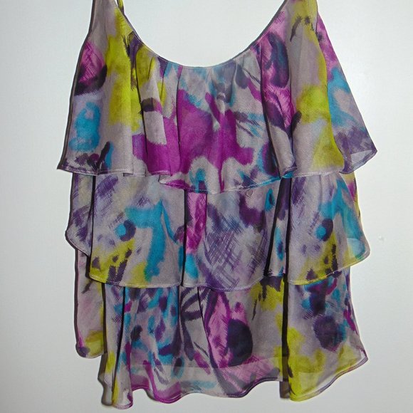 Plastic Island Women's Purple Yellow Blue Sleeveless Abstract Ruffled Blouse XS - Picture 6 of 6